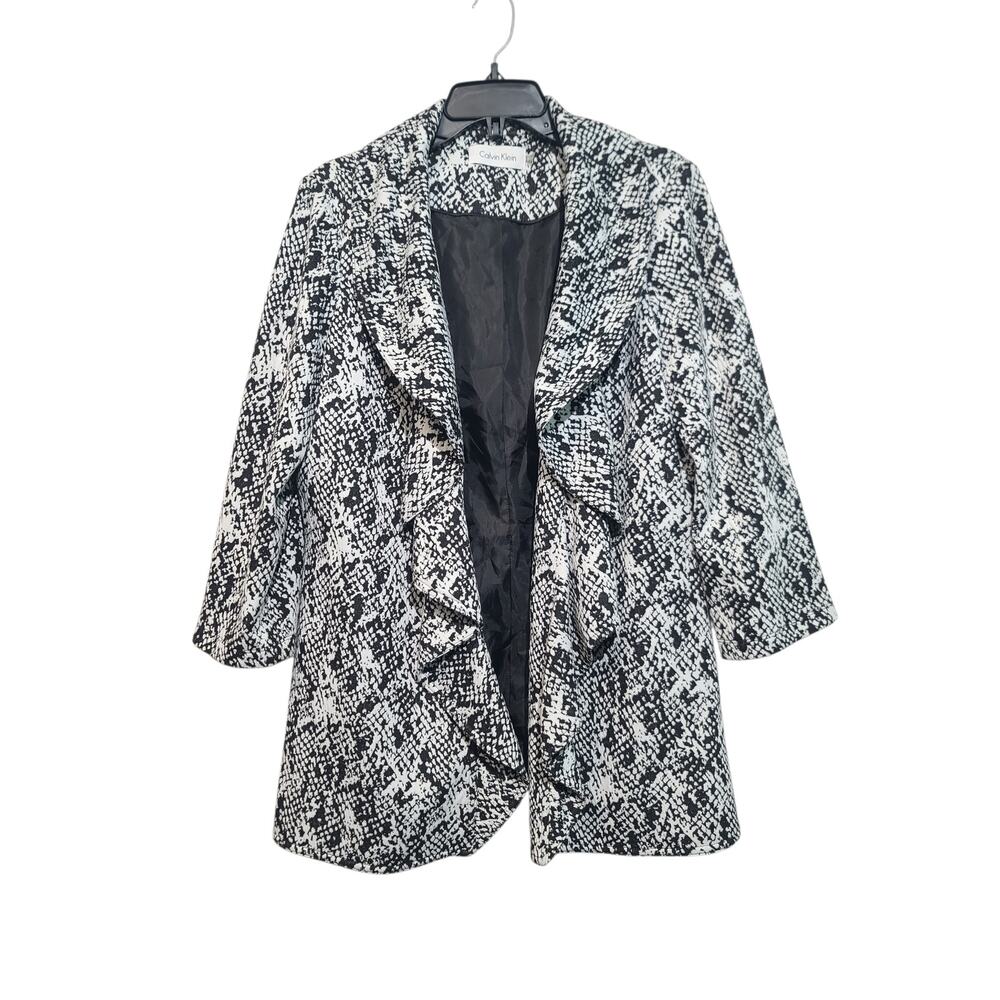 Calvin Klein Snakeprint Open Front Ruffle Blazer Black/White Size 14 GUC